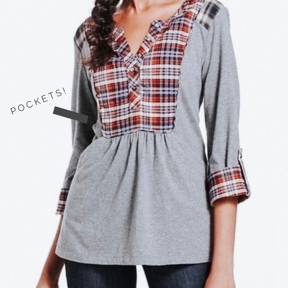 Anthro One September Plaid Tab Sleeve Henley Top - Picture 3 of 8